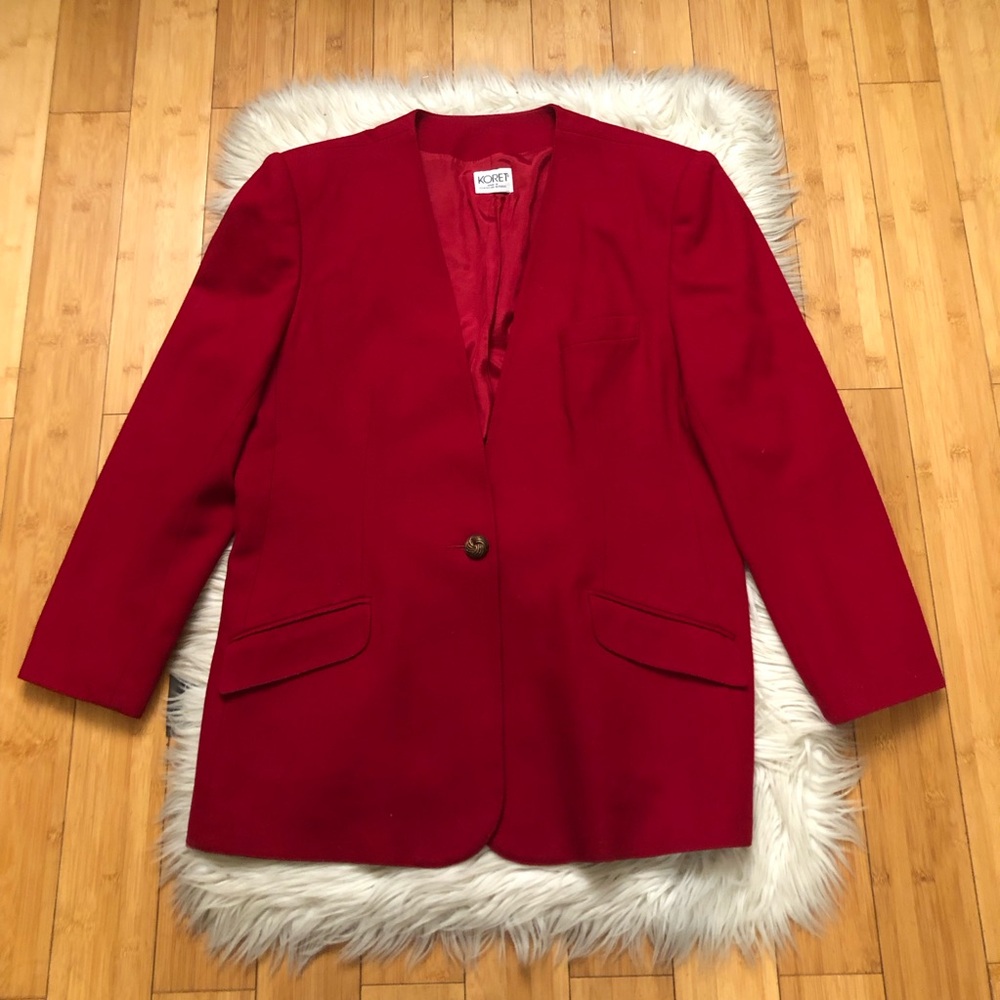 Vintage Koret 100% Pure Wool One Collarless Button Red Womens Blazer size 18